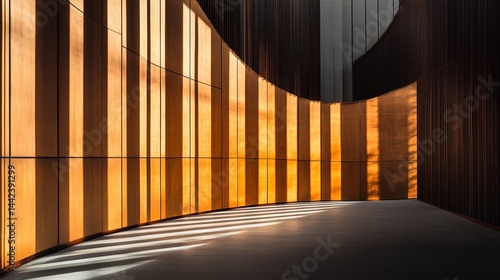 Obraz na płótnie Sunlight streams through vertical, curved, wooden panels in a modern building's interior, casting shadows on the floor. w salonie