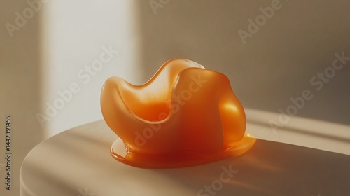 Abstract orange glass sculpture on a white surface, illuminated by sunlight.