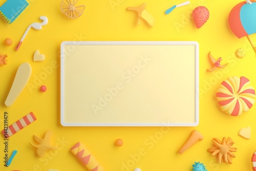Blank yellow board surrounded by colorful summer objects.