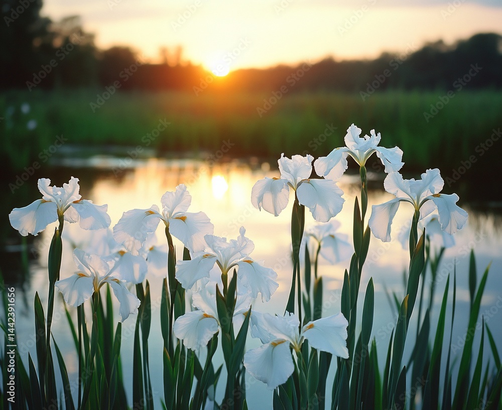 White irises bloom at sunset by a calm river.