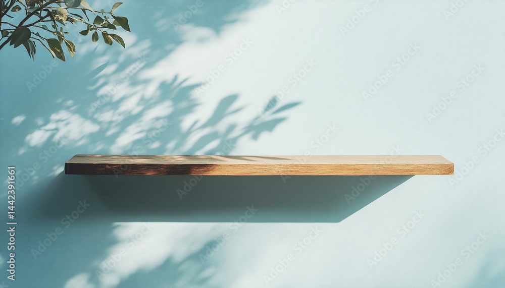 Wooden shelf on light blue wall with leaf shadows.