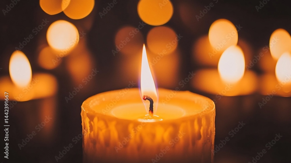 Close-up of a single lit candle with blurred background of other candles.