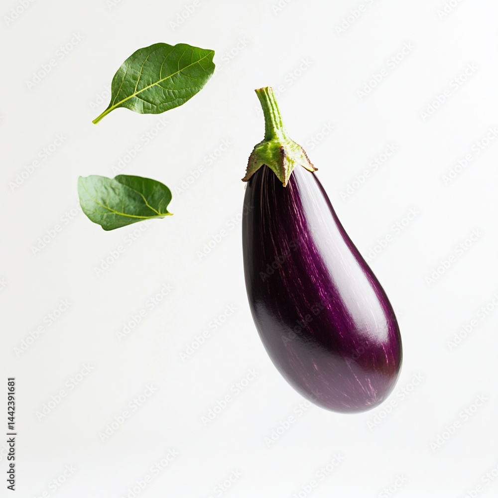 A single purple eggplant levitates against a white background, accompanied by three detached green leaves.