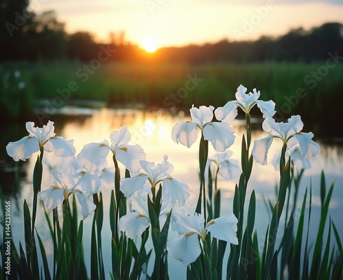 Obraz na płótnie White irises bloom at sunset by a calm river. w salonie