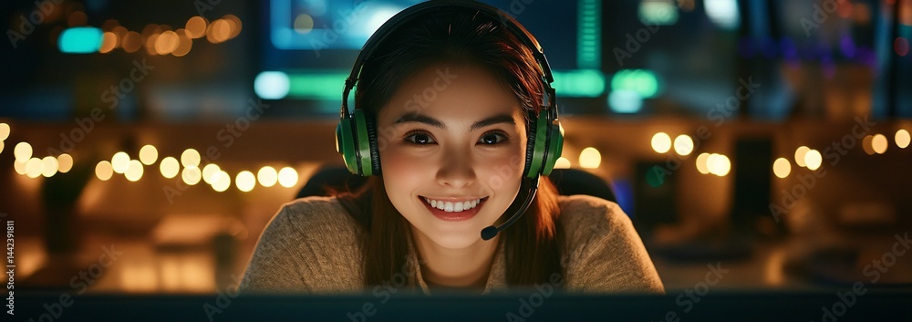 Smiling woman wearing headset, illuminated by screen light.