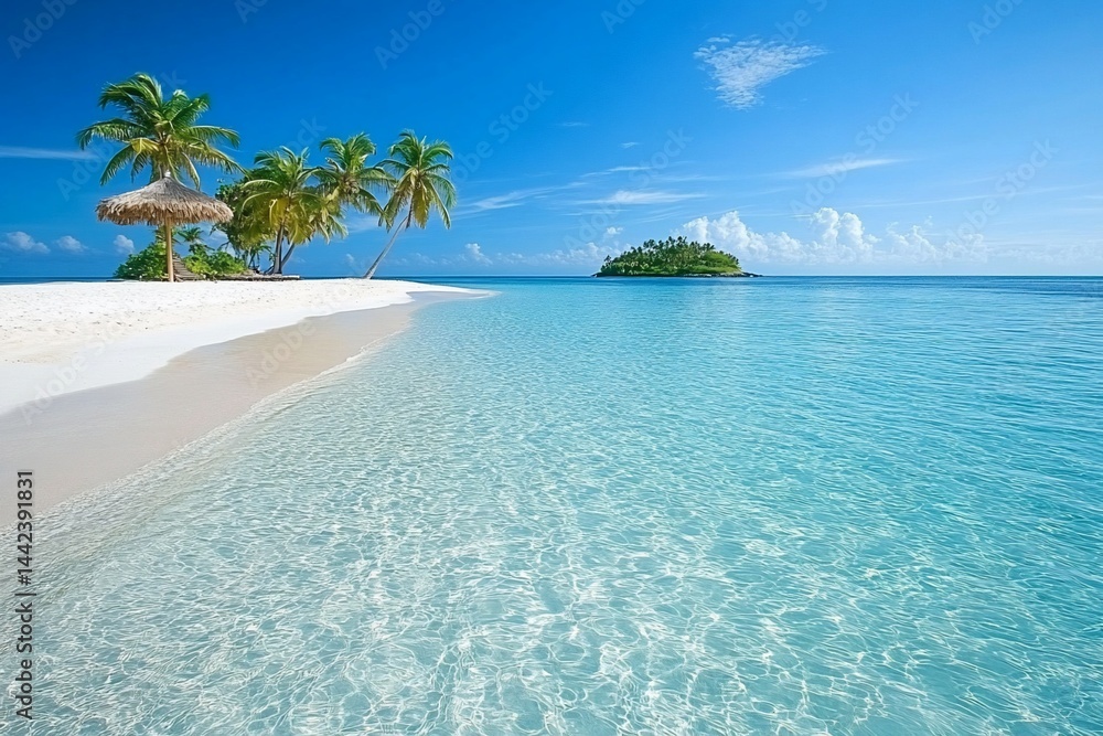 Idyllic tropical beach with palm trees, white sand, and crystal-clear turquoise water.
