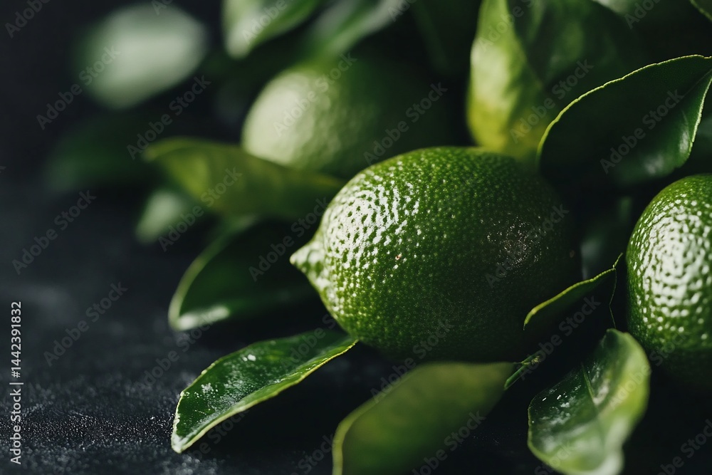 Close-up of fresh limes with leaves on dark background.