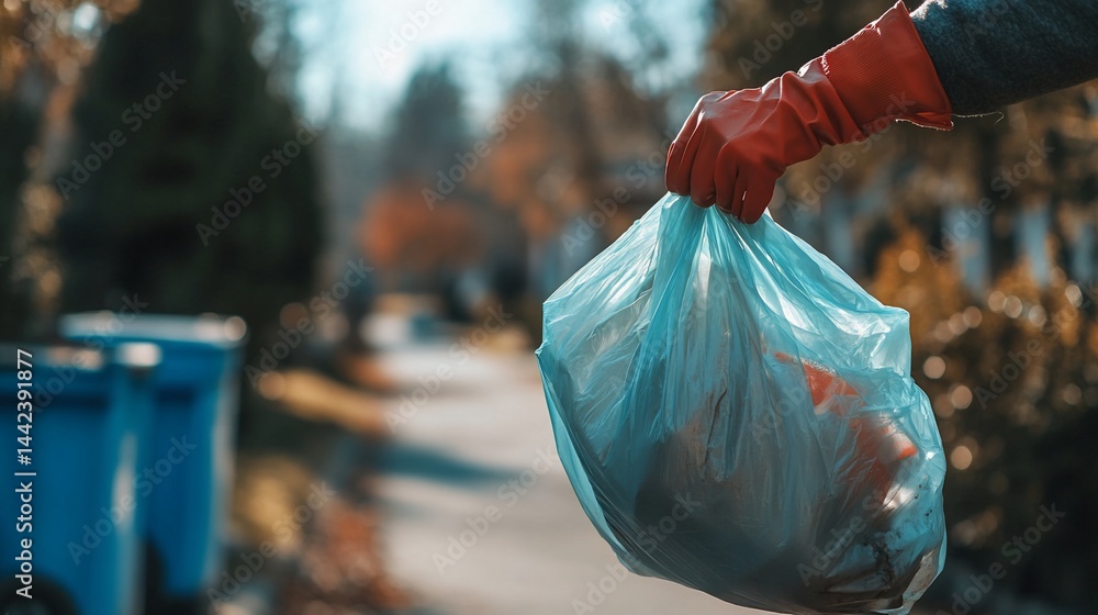 Person in red gloves holding a light blue trash bag filled with garbage outside.