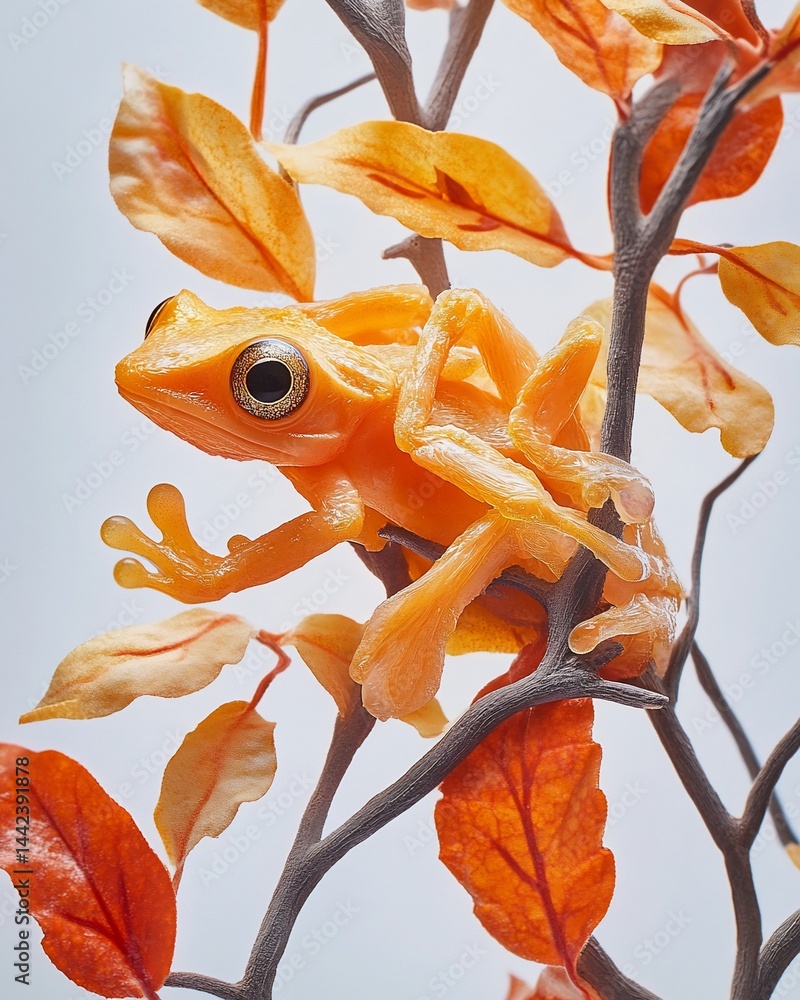 Golden frog perched on autumnal branch.