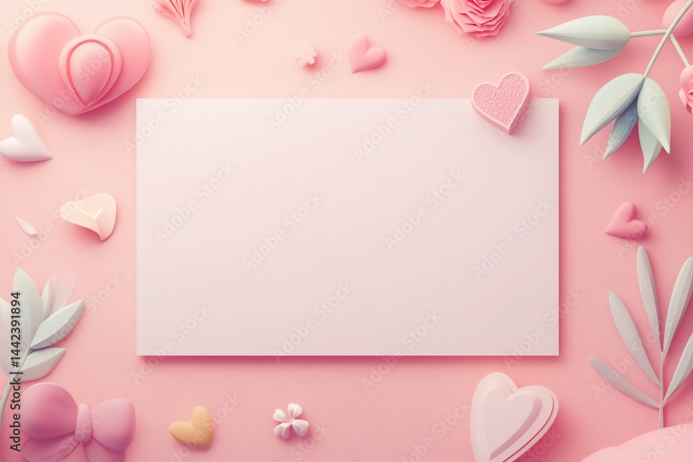 Blank card surrounded by pastel pink hearts, flowers, and leaves on a pink background.