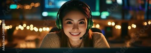 Smiling woman wearing headset, illuminated by screen light.