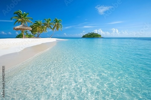 Obraz na płótnie Idyllic tropical beach with palm trees, white sand, and crystal-clear turquoise water. w salonie