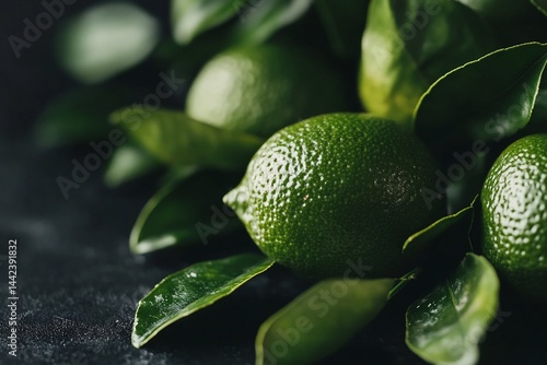 Obraz na płótnie Close-up of fresh limes with leaves on dark background. w salonie