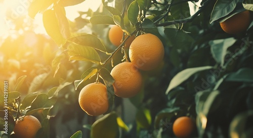 Obraz na płótnie Ripe oranges on a tree branch at sunset. (1) w salonie