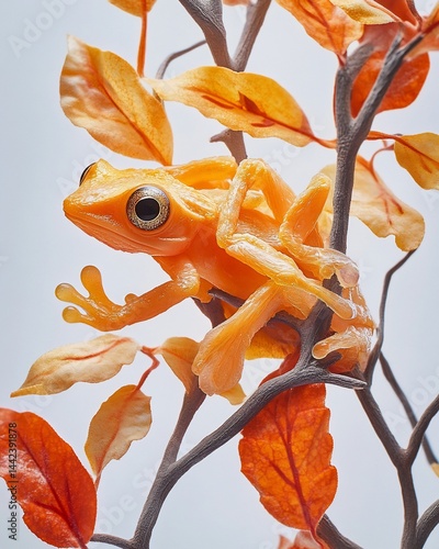 Obraz na płótnie Golden frog perched on autumnal branch. w salonie