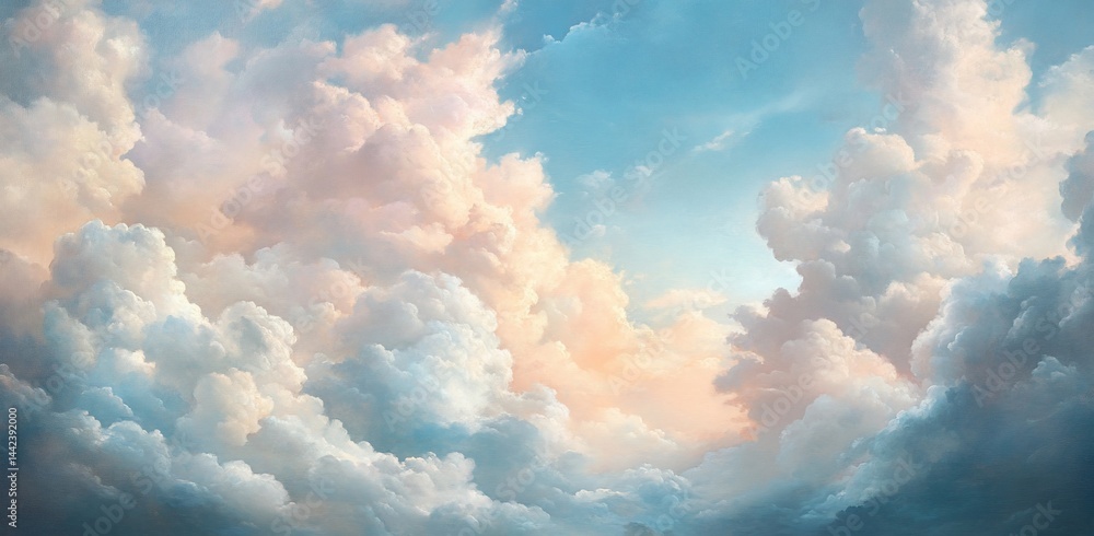 Dreamy pastel cloudscape at sunset, soft light illuminating fluffy cumulus clouds.