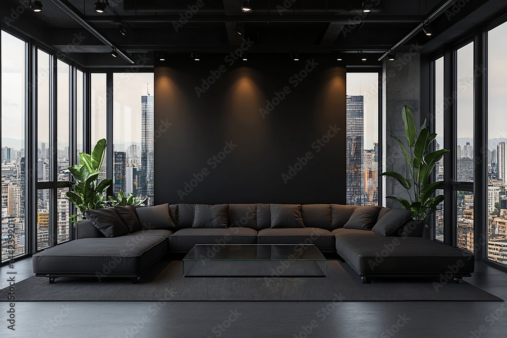 Modern dark living room with city view, sectional sofa, and large wall.