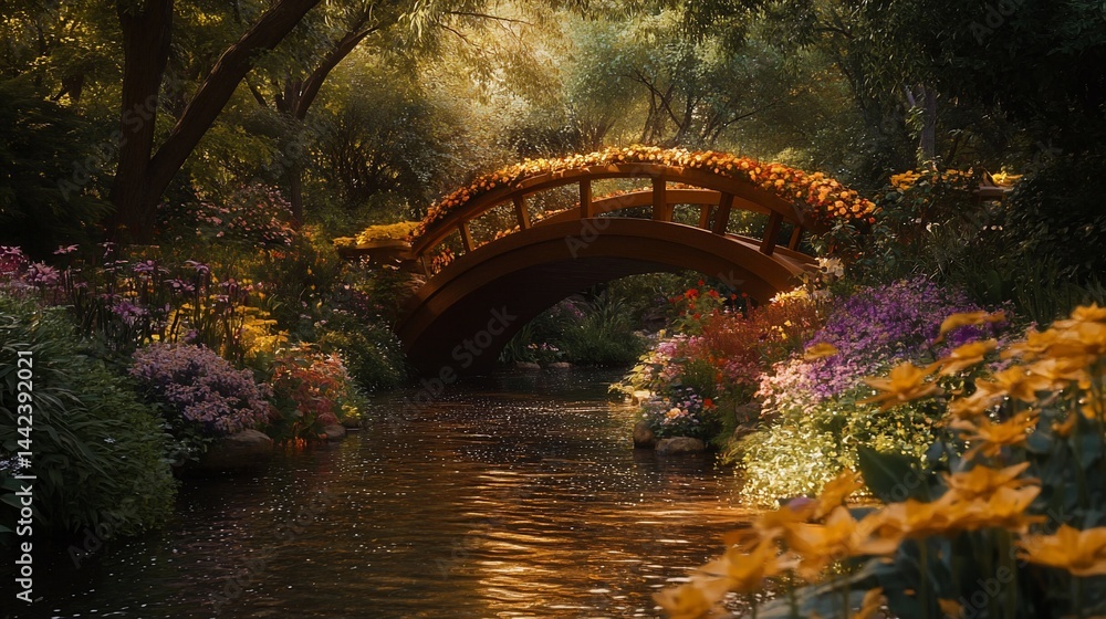 Serene garden scene with arched wooden bridge over calm stream, vibrant flowers blooming along banks, sunlight filtering through lush foliage.