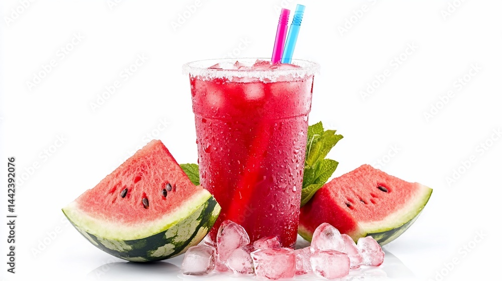 Refreshing watermelon drink in a plastic cup with ice and watermelon slices on a white background. (1)