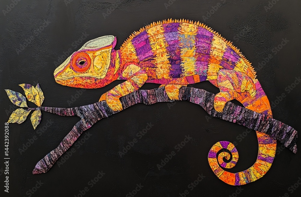 Vibrant chameleon perched on a branch against a black background. (1)
