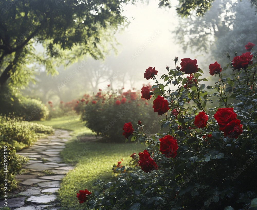 Serene morning mist in a rose garden with a stone path.