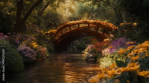 Obraz na płótnie Serene garden scene with arched wooden bridge over calm stream, vibrant flowers blooming along banks, sunlight filtering through lush foliage. w salonie