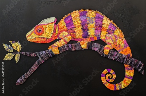 Obraz na płótnie Vibrant chameleon perched on a branch against a black background. (1) w salonie