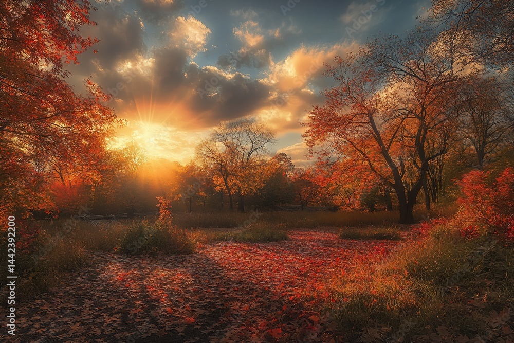 Vibrant autumn sunset in a forest with red and orange leaves on the ground and trees.