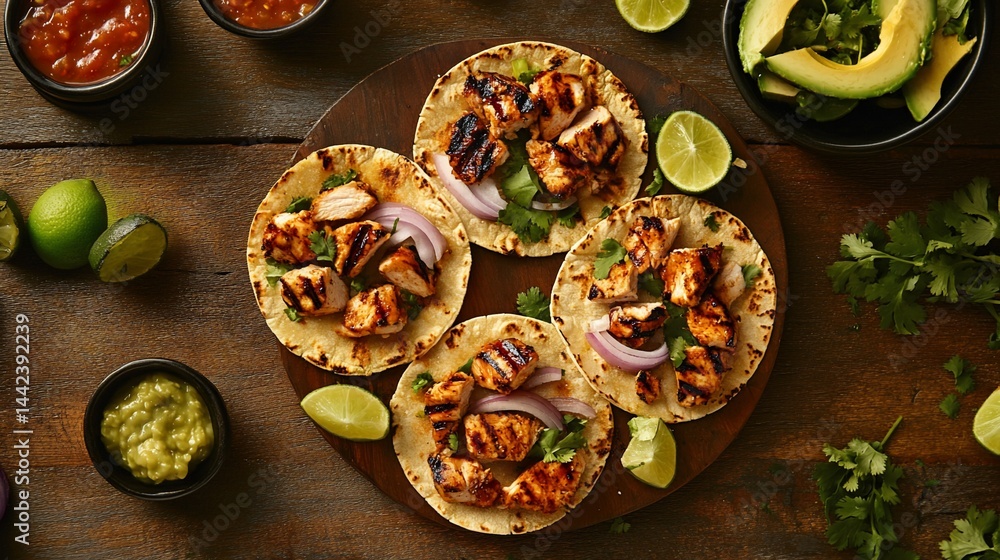 Overhead shot of four grilled chicken tacos on a wooden board, surrounded by lime wedges, avocado, salsa, guacamole, and cilantro.