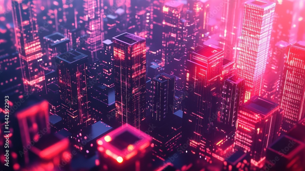 A futuristic aerial cityscape illuminated with bright red and purple light A futuristic aerial cityscape illuminated with bright red and purple light