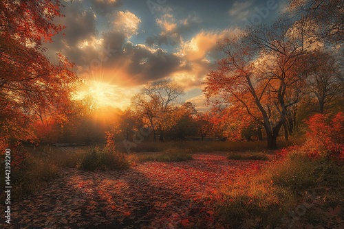 Obraz na płótnie Vibrant autumn sunset in a forest with red and orange leaves on the ground and trees. w salonie