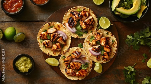 Obraz na płótnie Overhead shot of four grilled chicken tacos on a wooden board, surrounded by lime wedges, avocado, salsa, guacamole, and cilantro. w salonie