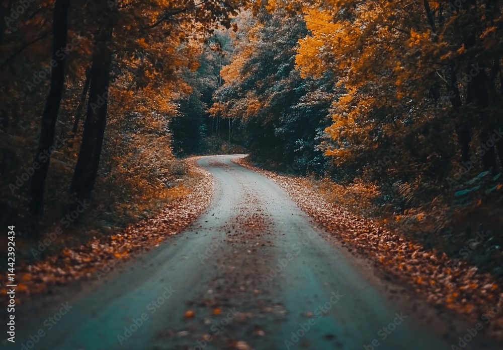 Winding dirt road through autumn forest with fallen leaves.