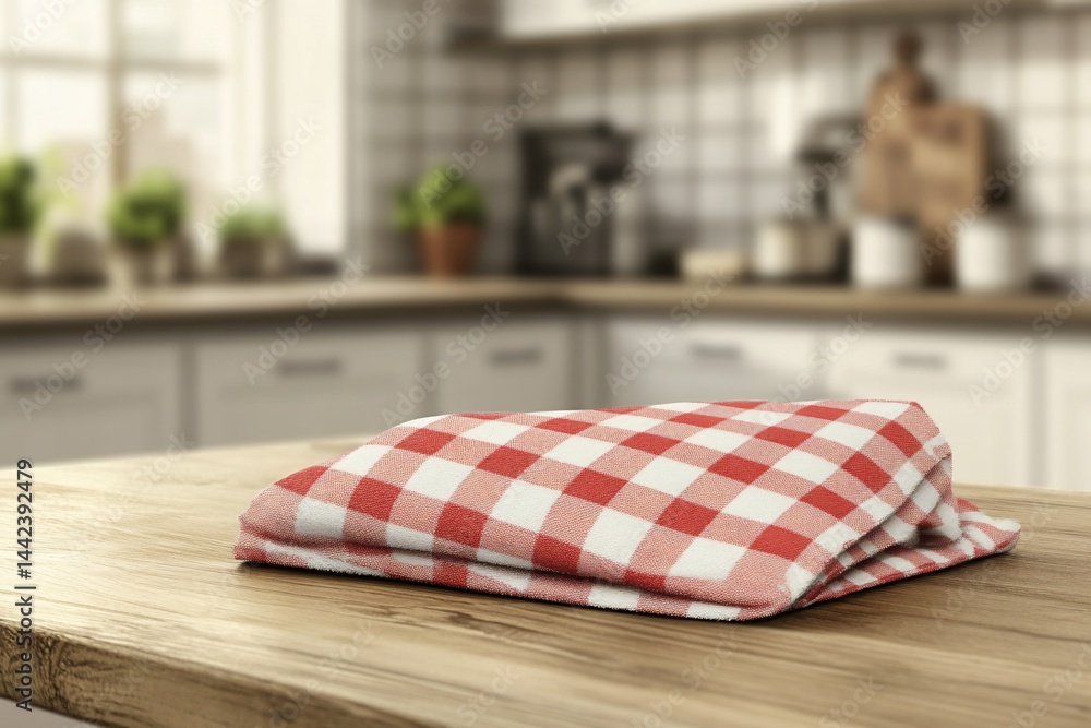 Red checkered tablecloth folded on wooden kitchen counter, blurred kitchen background.