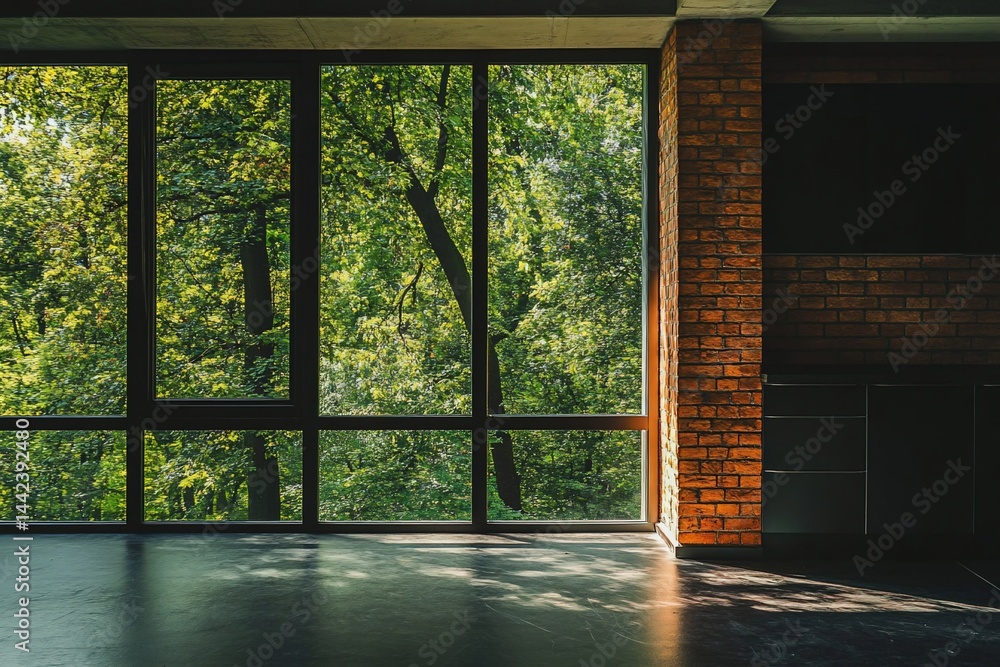Sunlit interior space with large windows showcasing lush green trees.