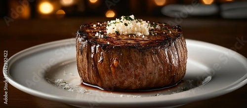 Close-up of a perfectly cooked steak topped with herb butter on a white plate.