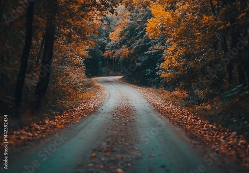 Obraz na płótnie Winding dirt road through autumn forest with fallen leaves. w salonie