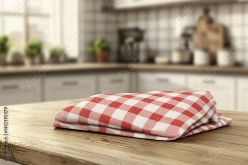 Obraz na płótnie Red checkered tablecloth folded on wooden kitchen counter, blurred kitchen background. w salonie