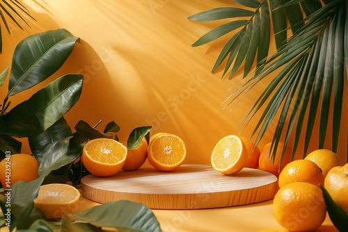 Sunlit oranges and palm leaves on a wooden display.