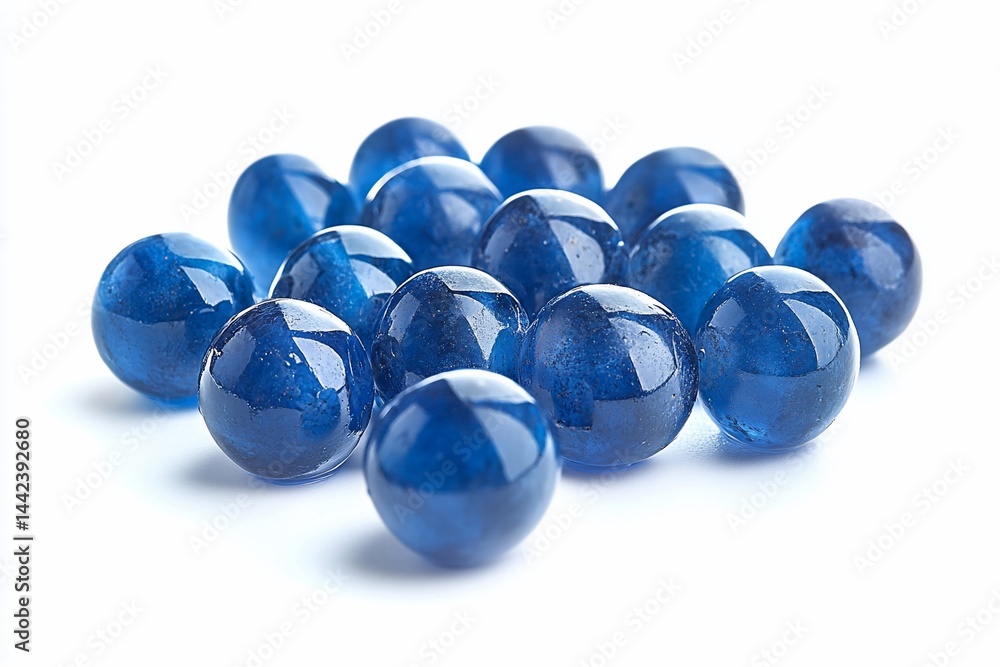 Pile of shiny, dark blue glass marbles isolated on white background.
