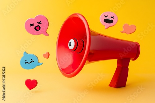 Obraz na płótnie Red megaphone with cartoon emoticons and hearts on yellow background. w salonie
