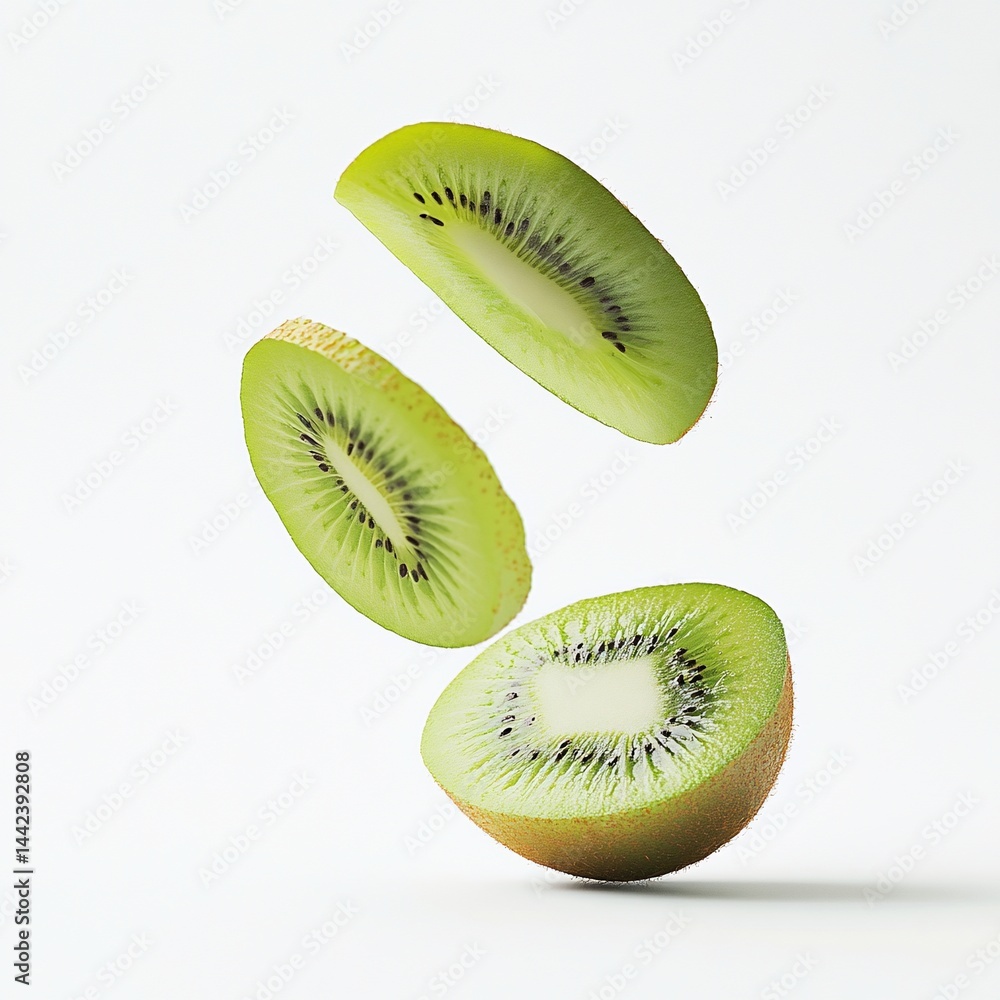 Three slices of fresh kiwi fruit levitating against a white background.