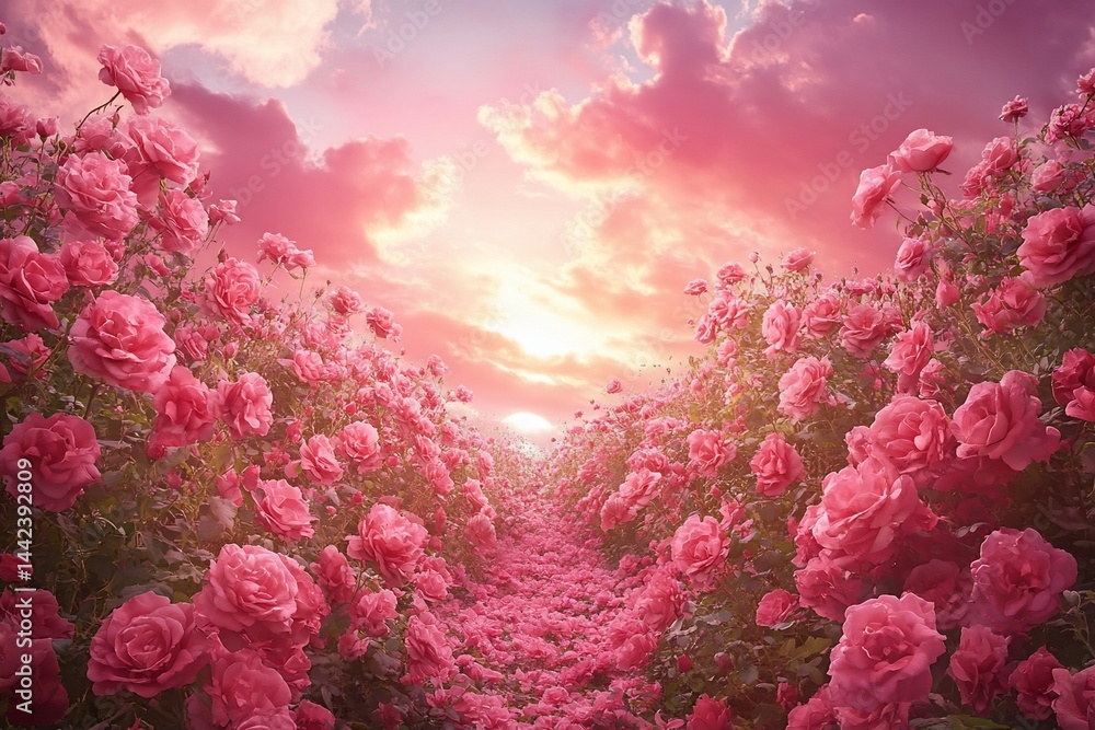 Pink rose garden path at sunset, vibrant colors, romantic scene.