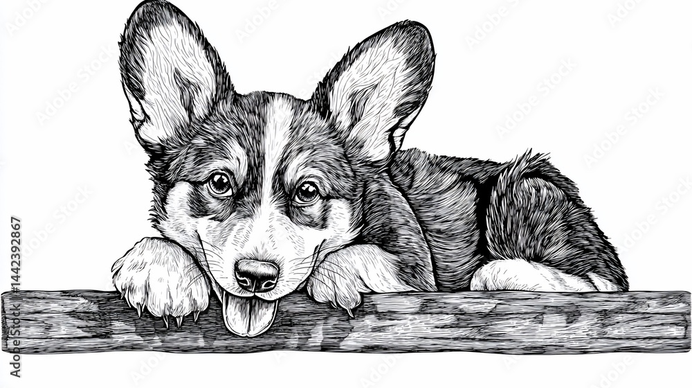 Adorable corgi puppy resting on a wooden surface, detailed ink drawing.