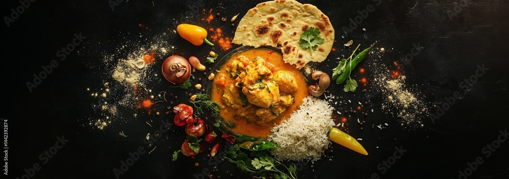 Aromatic Indian chicken curry with rice and naan bread, garnished with fresh herbs and spices.