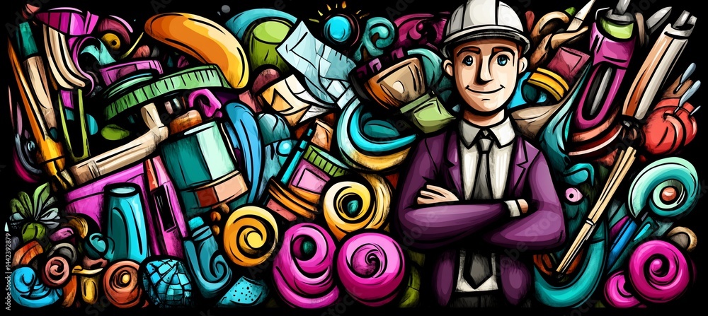 Happy architect surrounded by colorful art supplies and tools in a doodle style illustration.