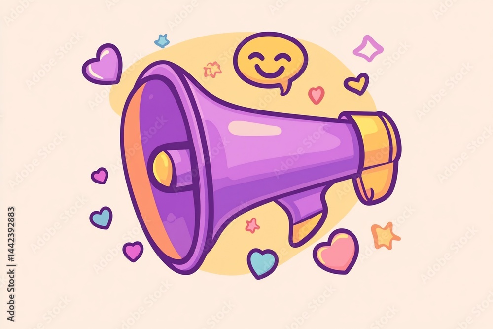 Cute purple megaphone with hearts and smile, announcing good news.