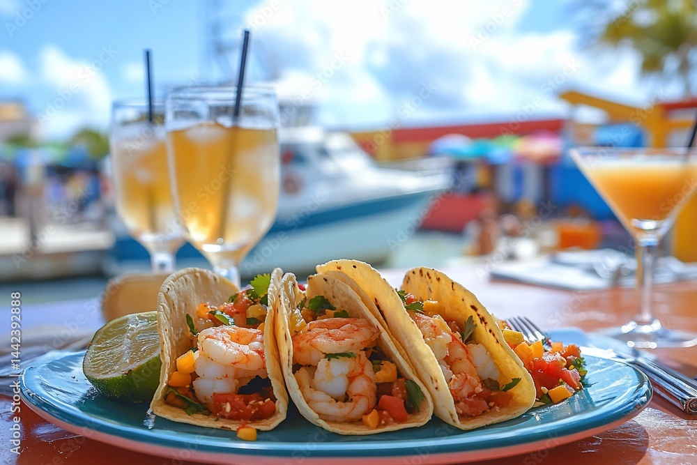 Delicious shrimp tacos with fresh salsa served on a turquoise plate outdoors near a marina.
