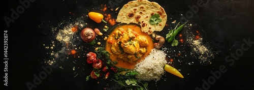 Aromatic Indian chicken curry with rice and naan bread, garnished with fresh herbs and spices.