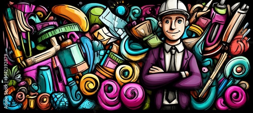 Happy architect surrounded by colorful art supplies and tools in a doodle style illustration.
